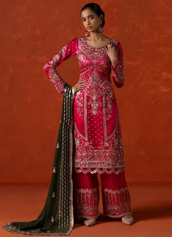 Pink and Green Embroidered Palazzo Suit