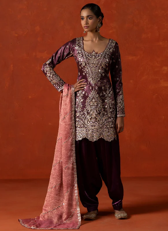 Wine Embroidered Satin Punjabi Suit