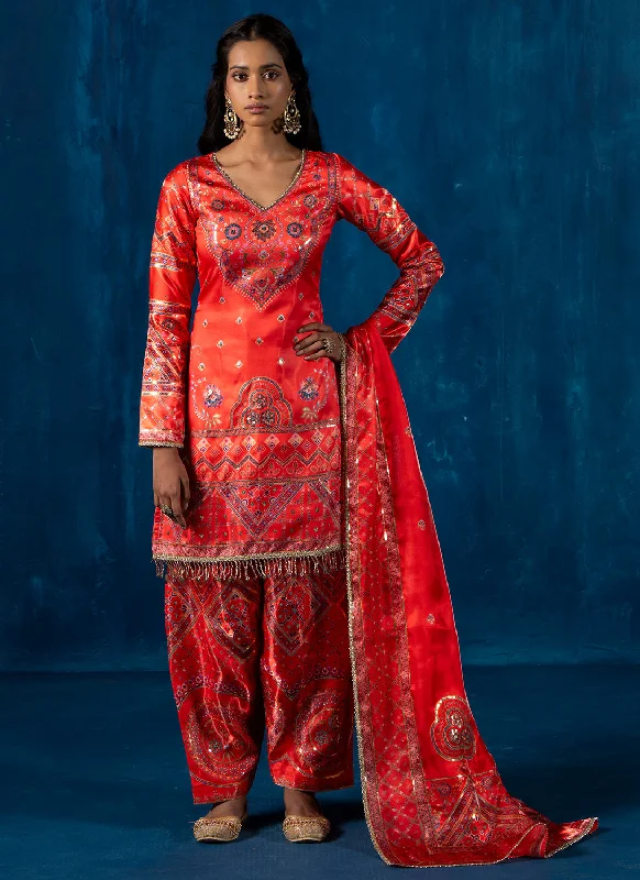 Red Orange Multicolor Embroidered Punjabi Suit