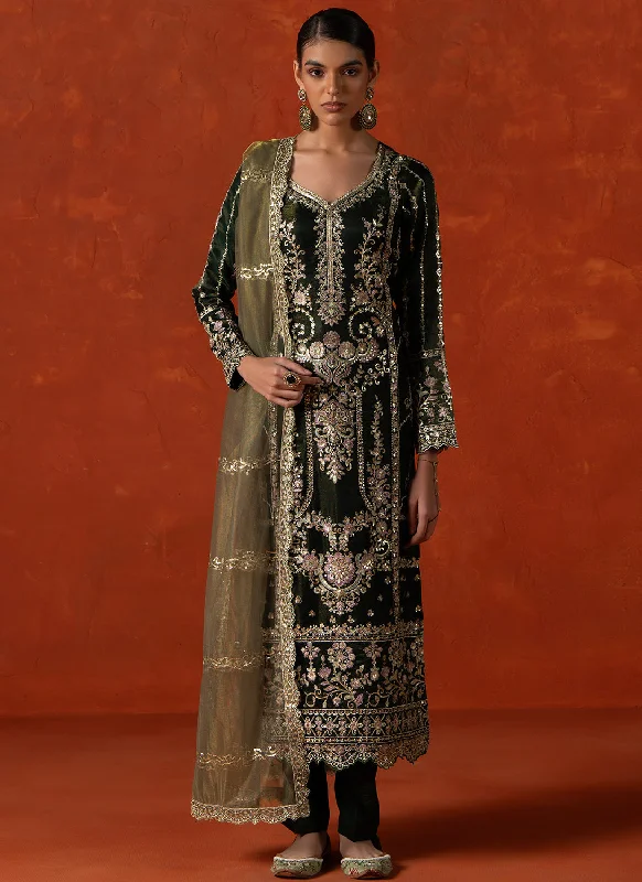 Green Embroidered Georgette Pant Suit