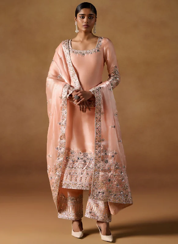 Peach Embroidered Tissue Palazzo Suit