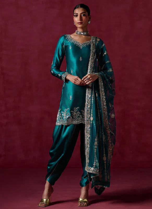 Sea Green Embroidered Satin Punjabi Suit