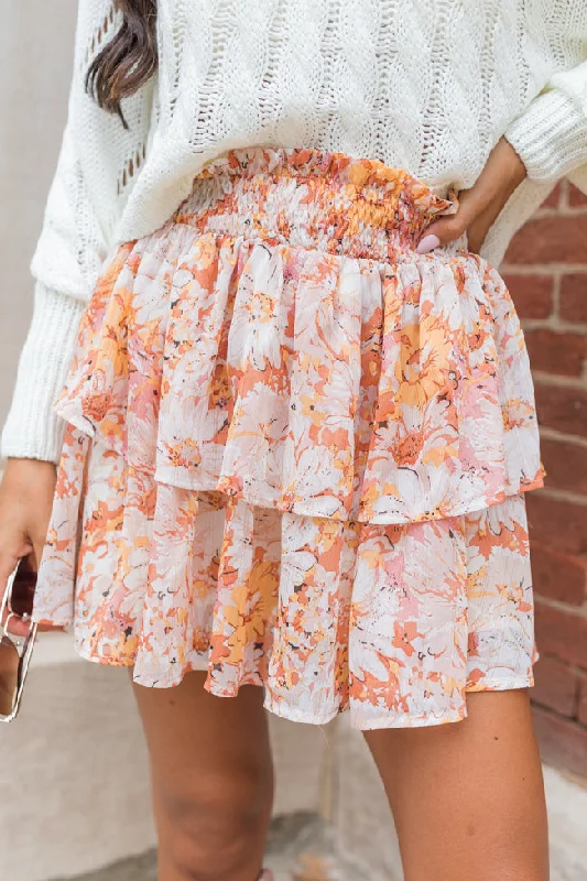 Breezy Beige And Mustard Floral Tiered Skort