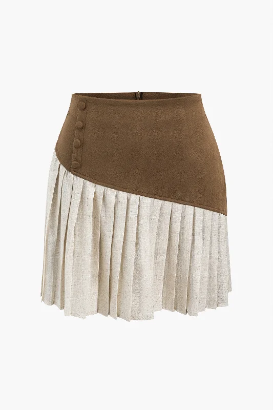 Linen Button Patchwork Pleated Skirt