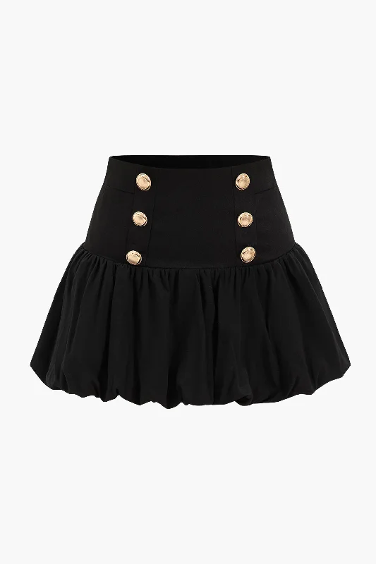 Pleated Button Puff Mini Skirt