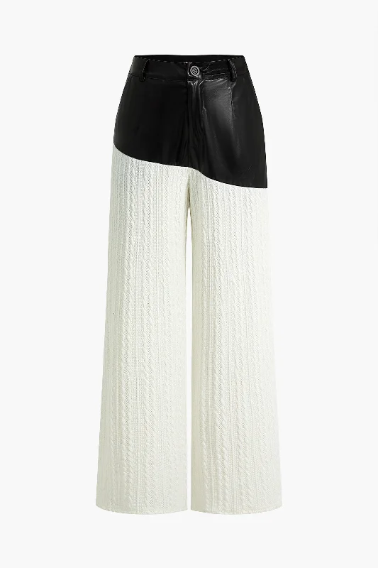 Knit Faux Leather Patchwork Trousers