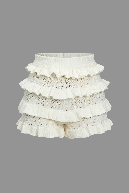 Solid Knit Cut Out Layer Ruffle Shorts