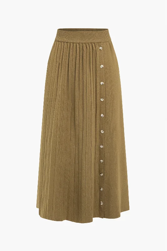 Button Detail Pleated Sweater Midi Skirt