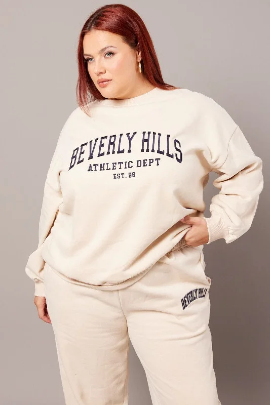 Beige Oversized Sweater Long Sleeve Crew Neck