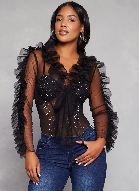 Tulle Ruffled Tie Front Crop Top