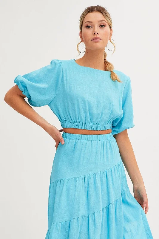 Blue Crop Top Puff Sleeve