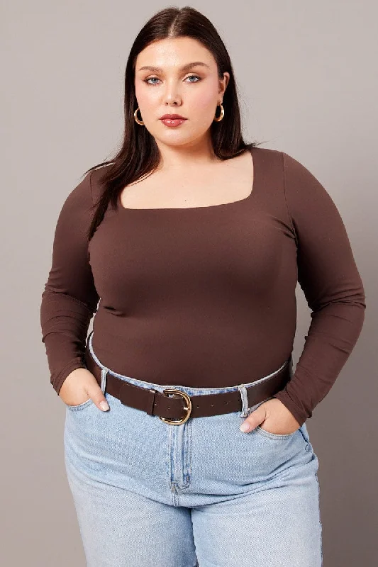 Brown Supersoft Top Long Sleeve Scoop Neck Longline