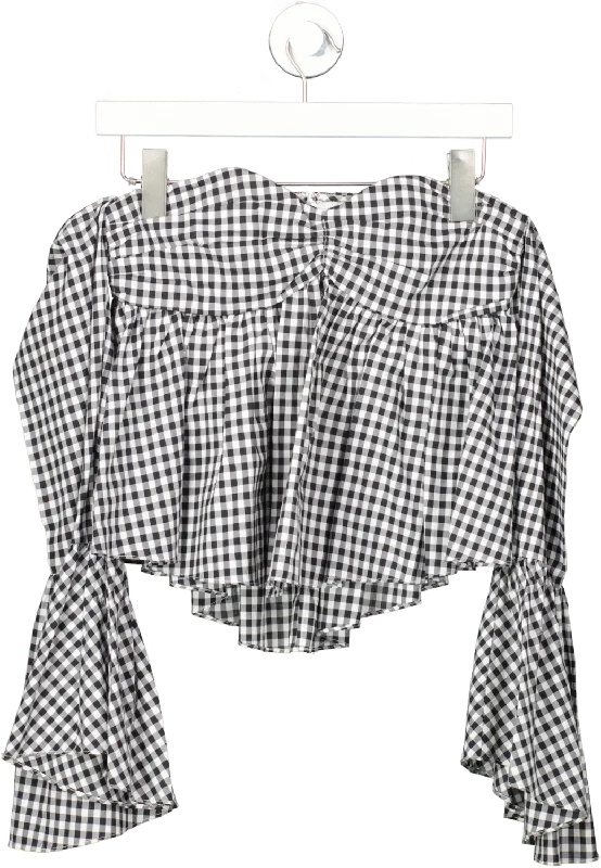 Caroline Constas Black Max Off-the-shoulder Gingham Bell Sleeve Top UK XS