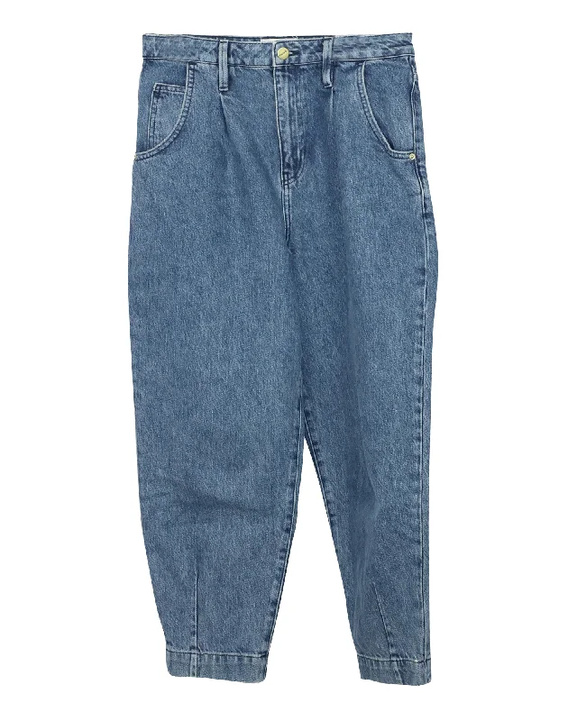 Frame Pleated Barrel Leg Jeans in Blue Cotton Denim