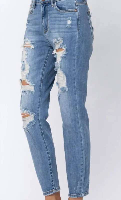 Hi Rise Destroyed Boyfriend Jeans In Blue