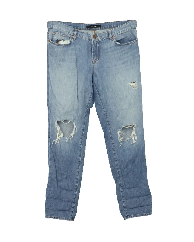 J Brand Distressed Boyfriend Jeans in Blue Cotton Denim