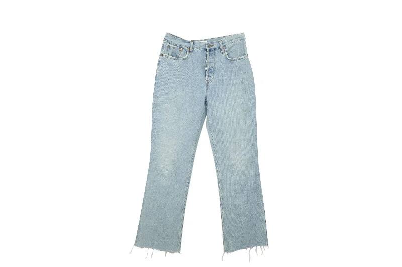 Re/Done Distressed Cropped Boyfriend Jeans in Blue Cotton Denim