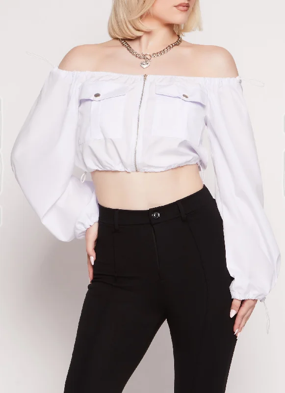 Poplin Zip Front Toggle Drawstring Crop Top