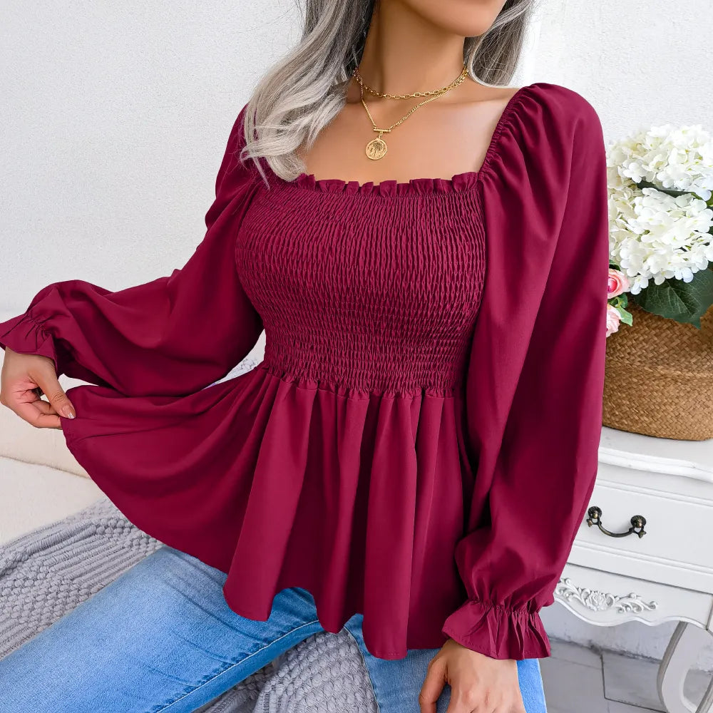 Women's Square Collar Fashion Designer Ruffled Long-Sleeve Tops