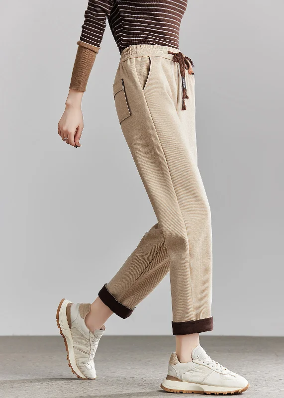 French Beige Elastic Waist Pockets Cotton Crop Pants Spring