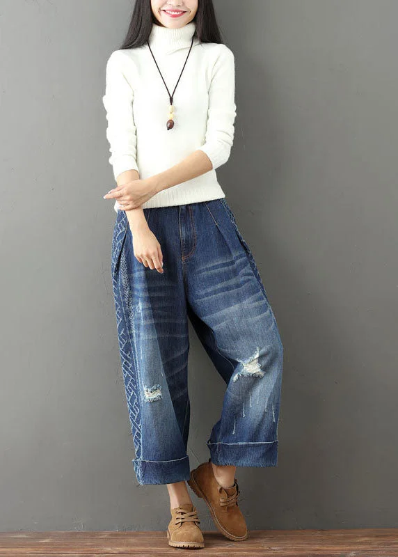 Modern Blue Elastic Waist Oversized Cotton Wide Leg Pants Ripped Jeans Spring