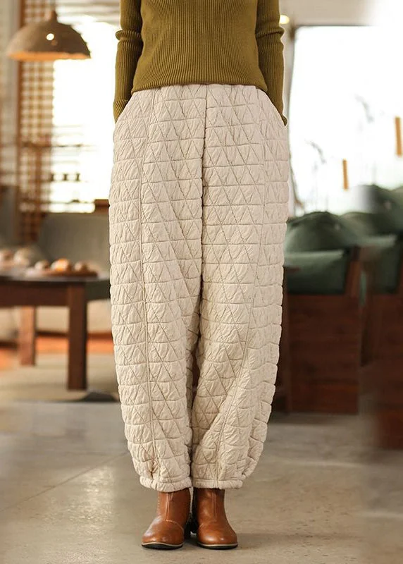 Women Beige Pockets High Waist Cotton Filled Pants Spring