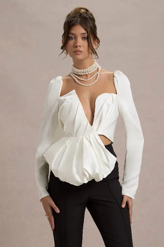 Bensley | Ecru Satin Asymmetric Plunge-Neck Top With Ruffle