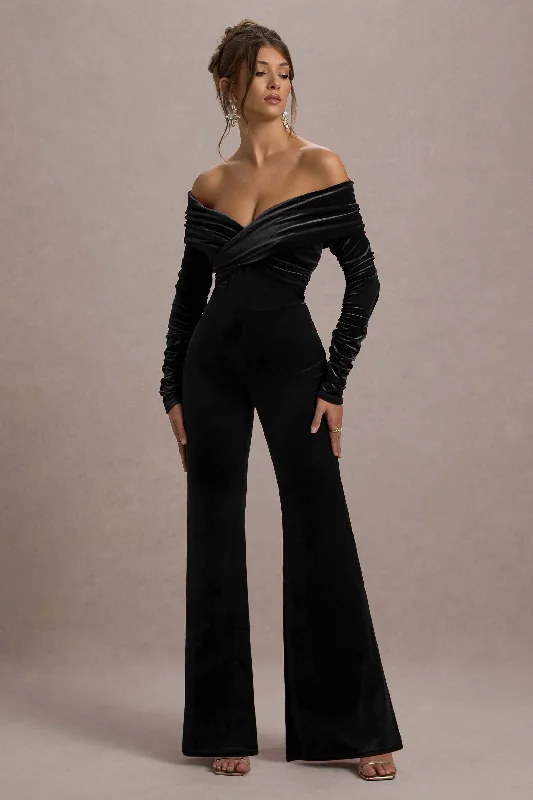 Borealis | Black Velvet Long-Sleeved Bardot Jumpsuit