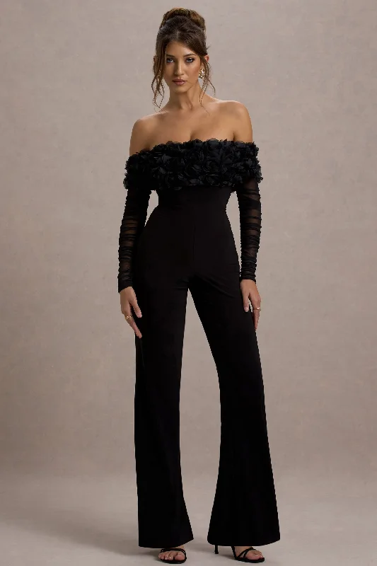 Celebrate | Black Bardot Long-Sleeved Flared-Leg Jumpsuit With Flowers