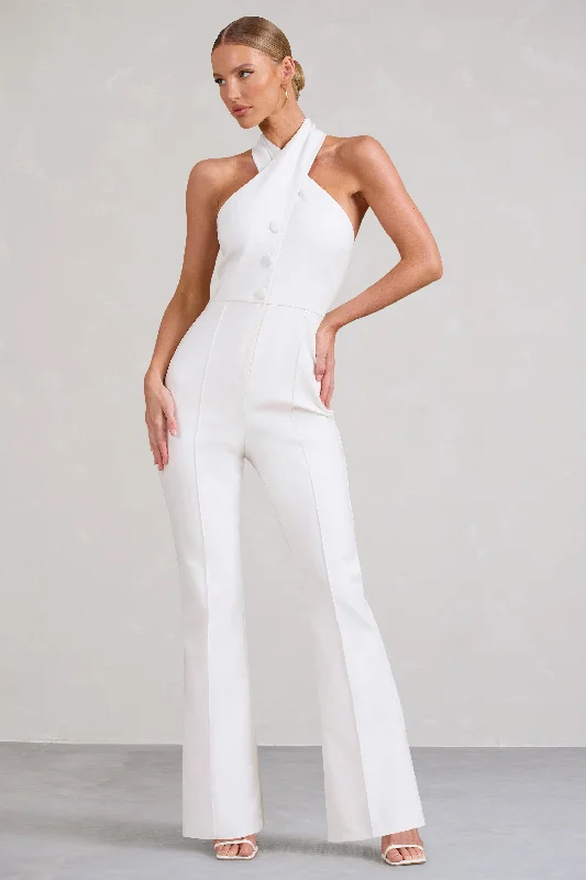 Don't Cross Me | White Halter Neck Tailored Buttoned Sleeveless Jumpsuit