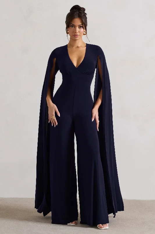 Emmanuela | Navy Plunge-Neck Wide-Leg Jumpsuit With Cape Sleeves