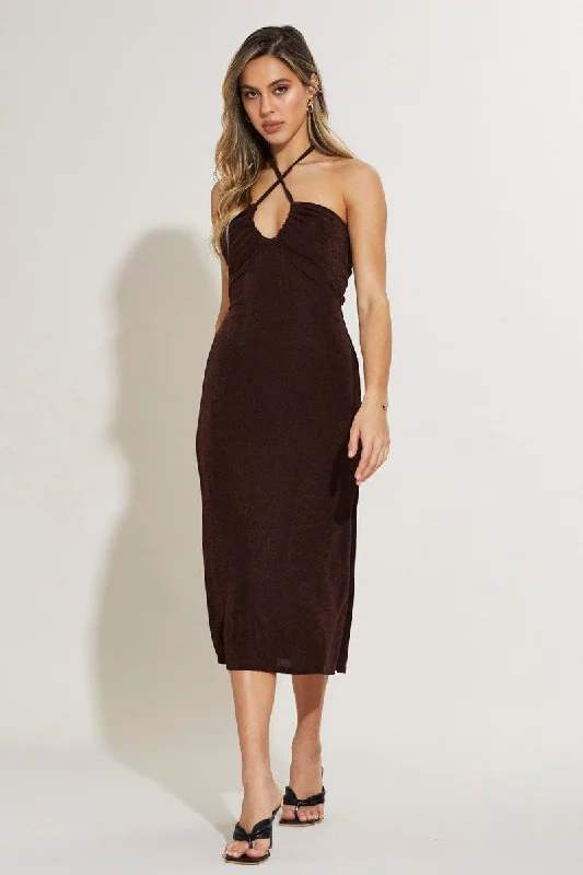 Brown Midi Dress Keyhole