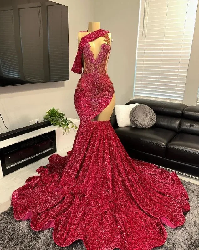 Dark Red Mermaid Evening Celebrity Dresses for Women Luxury Sparkly Crystal Velvet Birthday Prom Gown vestidos de gala mujer