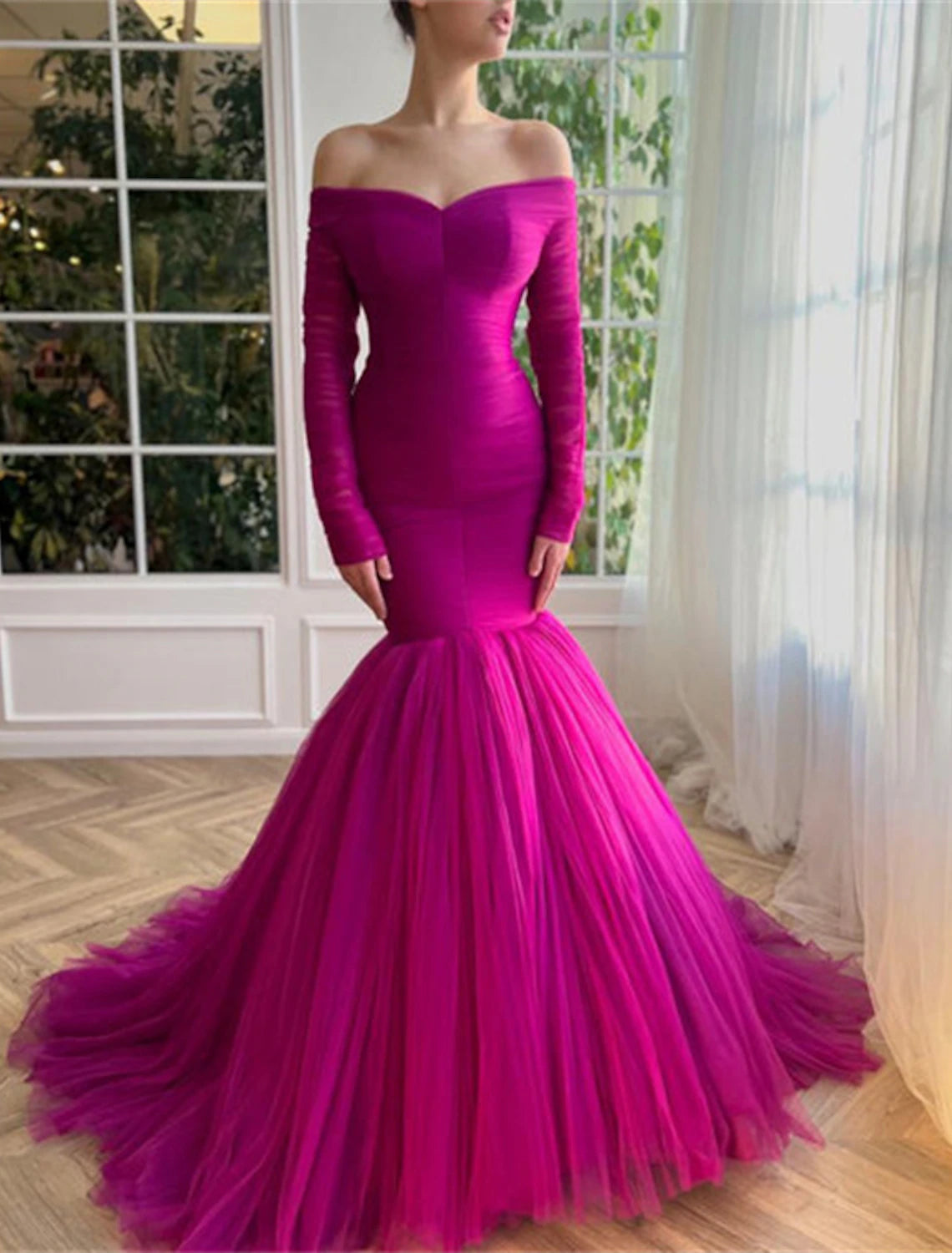 Mermaid Christmas Red Green Dress Evening Gown Elegant Dress Wedding Guest Wedding Party Court Train Long Sleeve Off Shoulder Tulle with Ruched