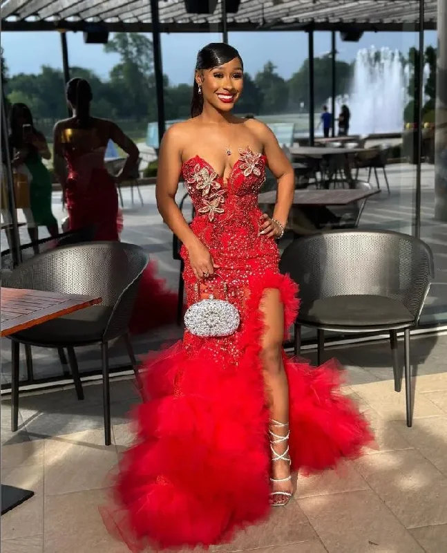 Red Luxury African Mermaid Prom Recaption Dress for Women Sweetheart Sexy Slit Black Girl Graduation Evening Gown 2024