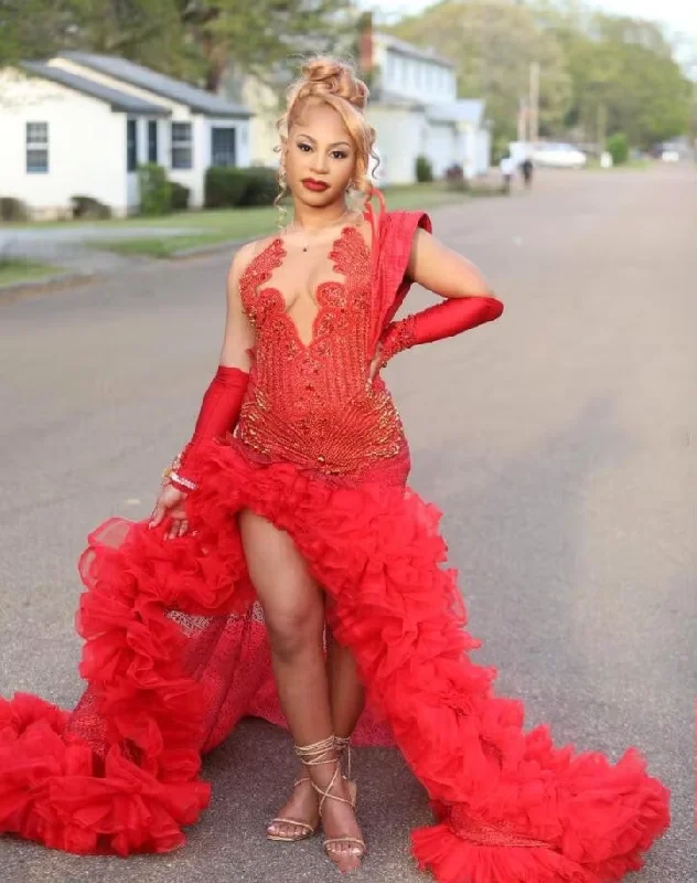 Red Sparkly Long Evening Ceremony Party Dresses for Black Girl Luxury Diamond Crystal Ruffles Slit Prom Birthday Gala Gown