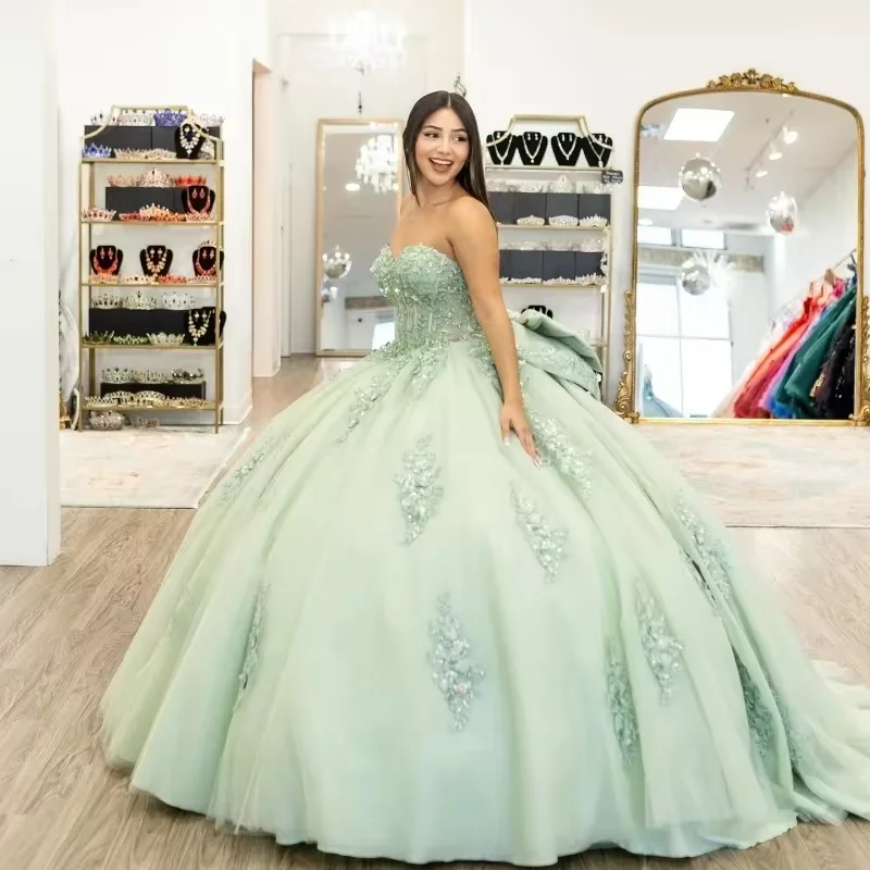 Sage Green Quinceanera Dresses With Bow 3D Flowers Beading Appliques Vestidos De 15 Anos Birthday Party Princess