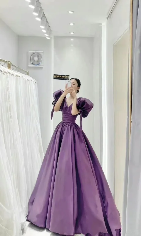 Satin Purple Puffy Sleeves Corset Prom Dress Pageant Party Dress Gala Sweet 16 Quinceanera Gown