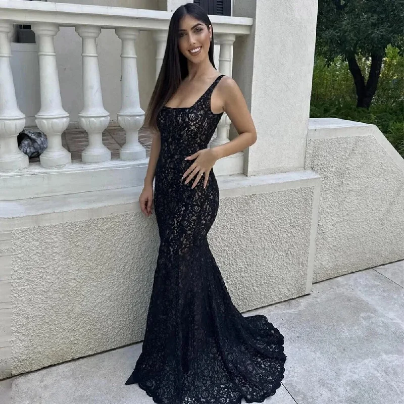 Sexy Evening Dresses Black Lace Square Collar Tank Mermaid Evening Gowns for Women 2024 Backless Sleeveless Formal Party Dress