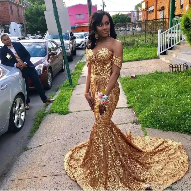 Sexy Off Shoulder Gold Sequin Mermaid Prom Dresses Long for Black Girls Plus Size African Party Evening Gown for Wedding