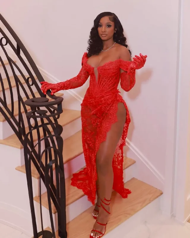 Sexy Red See Thru Lace Split Long Prom Dresses With Full Gloves Sleeves Off Shoulder Women Maxi Dress To Party Stylish Prom Gown