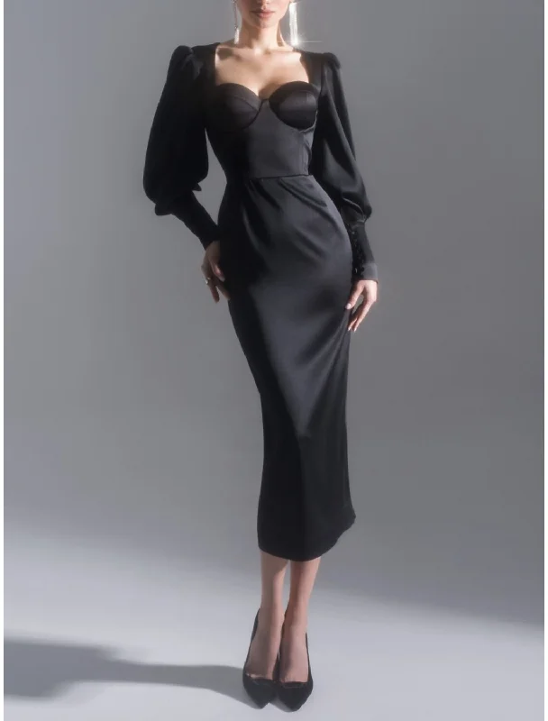 Sheath Black Dress Evening Gown Elegant Dress Formal Tea Length Long Sleeve Sweetheart Satin with Ruched Slit