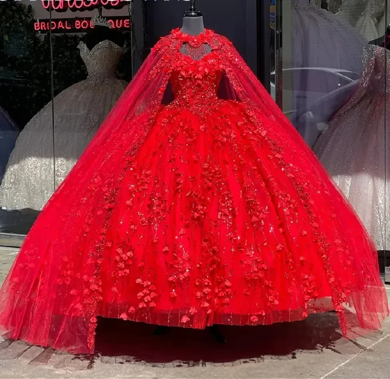 Stuning Red Quinceanera Dresses 3D Floral Girl Birthday Party Prom Gowns Vestidos De 15 Sweet 16 Robe Vestido De Noche