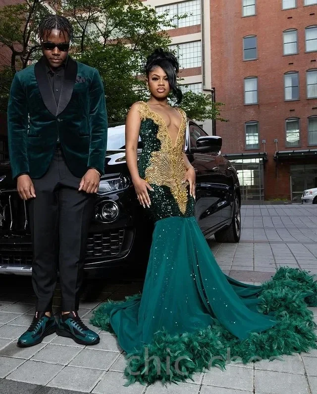 Teal African American Prom Dresses Mermaid Sheer Beaded Crystals Feather Black Girls Nigeria Robe De Soiree Evening Dresses Gown