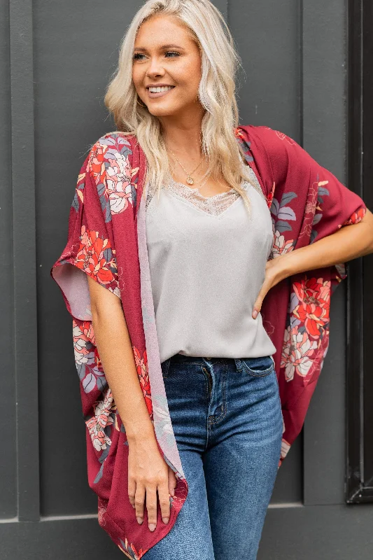 Bold Love Wine Red Floral Kimono