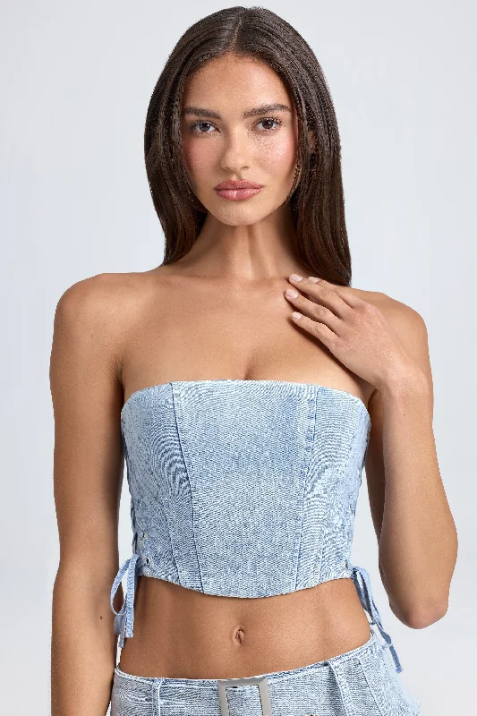 Bandeau Lace-Up Corset Crop Top in Light Blue Stonewash