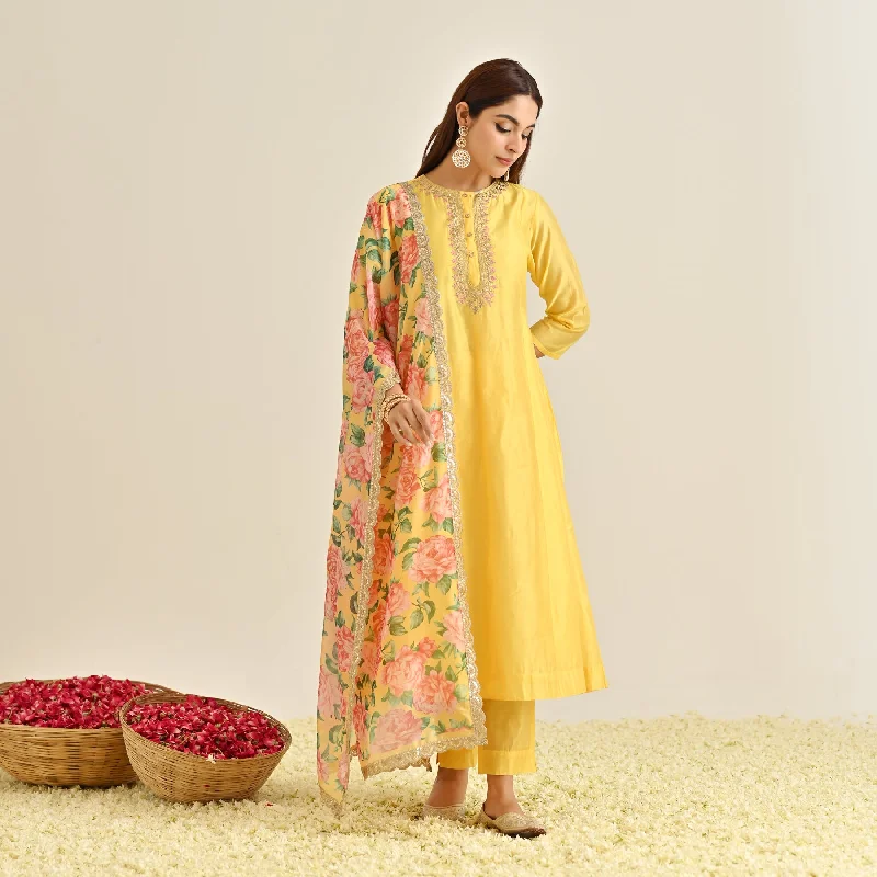 Mango Yellow Anarkali Set with Floral Printed Dupatta & Yoke Embroidery