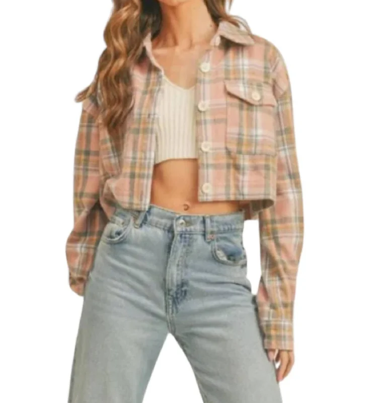 Piper Plaid Crop Shacket In Pink