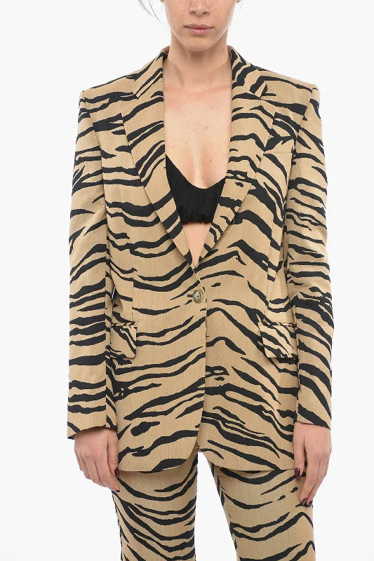 Stella McCartney Tiger Motif Wool Blend Blazer with Flap Pocket