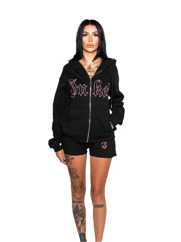 Women's Inked Embroidered Zip Up Hoodie - Black / Pink